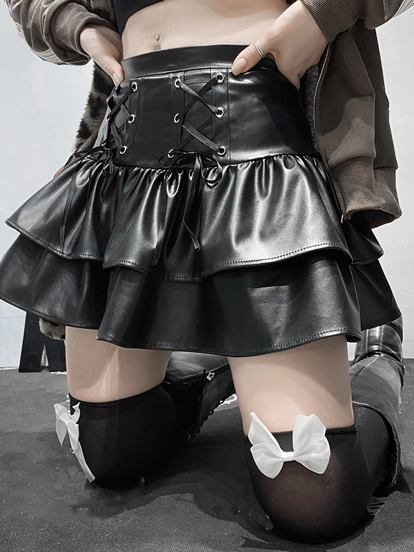 Gothic Dark Punk Street Leather Bandaged Paneled Solid Pattern A-line High-rise Mini Skirt