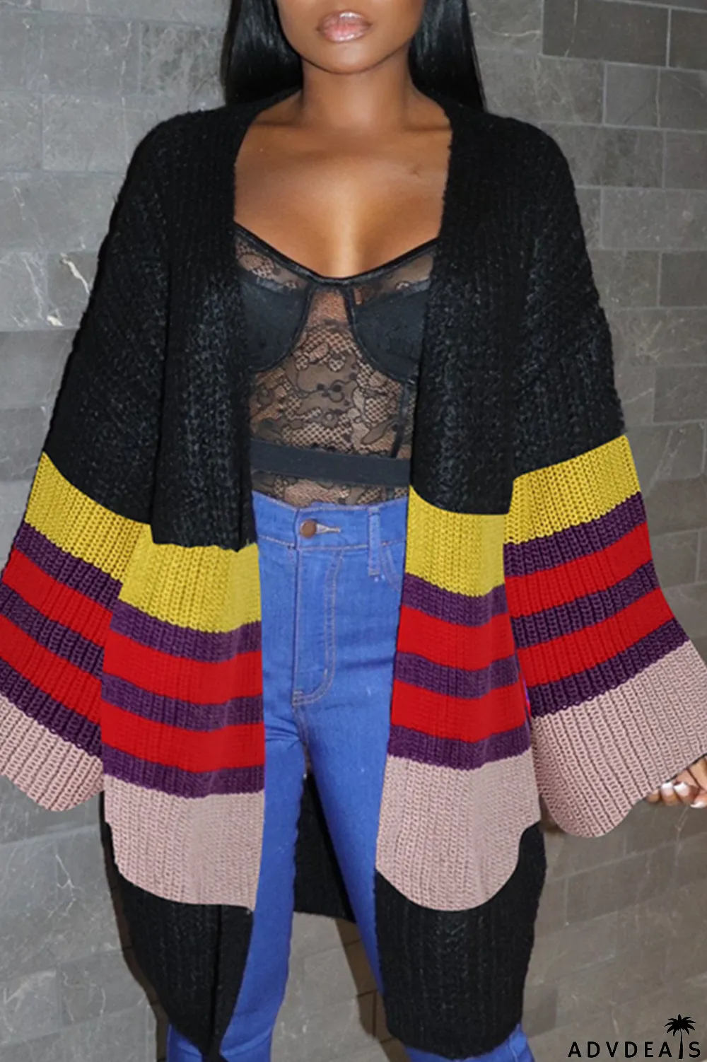 Black Fashion Casual Patchwork Cardigan Outerwear