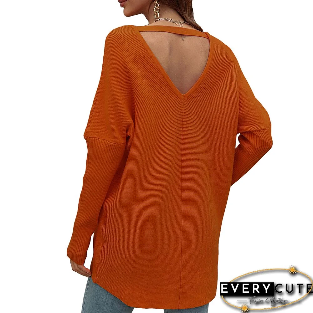 Orange V-neckline High Low Knit Sweater