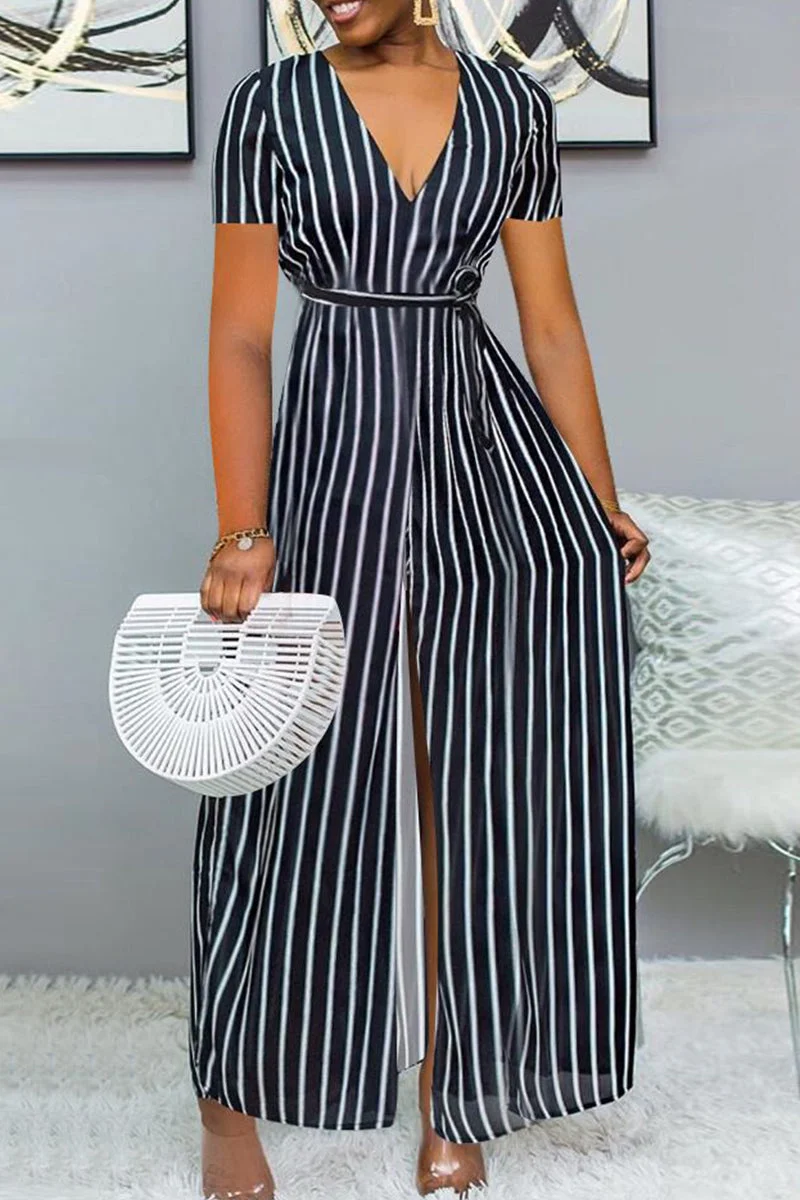Fashion Casual Striped Slit V Neck Short Sleeve Dress Dresses