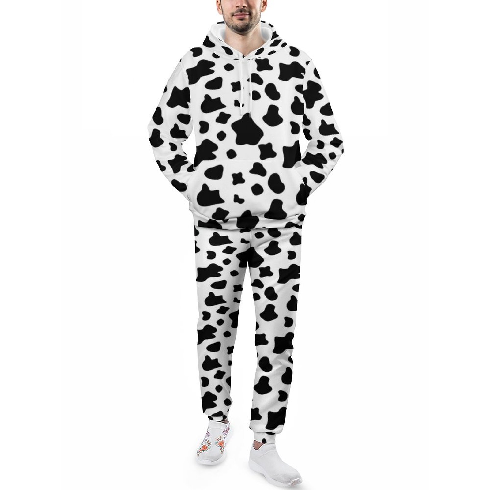 Funny Cow Spots Pattern Animal Fur Theme Clothes Men's Sweatsuits Set Casual Athletic Pullover And Sweatpants Suit Outfit