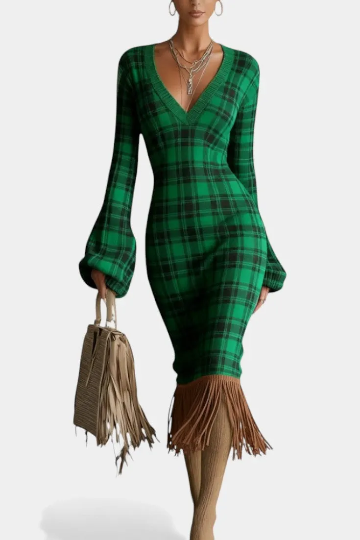 V-Neck Plaid Midi Dress with Bell Sleeves & Fringe