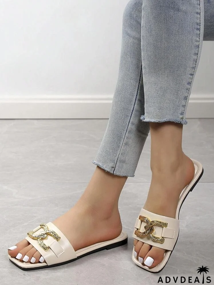 Fashionable Slide Sandals For Women, Metal Decor Single Band Flat Sandals
