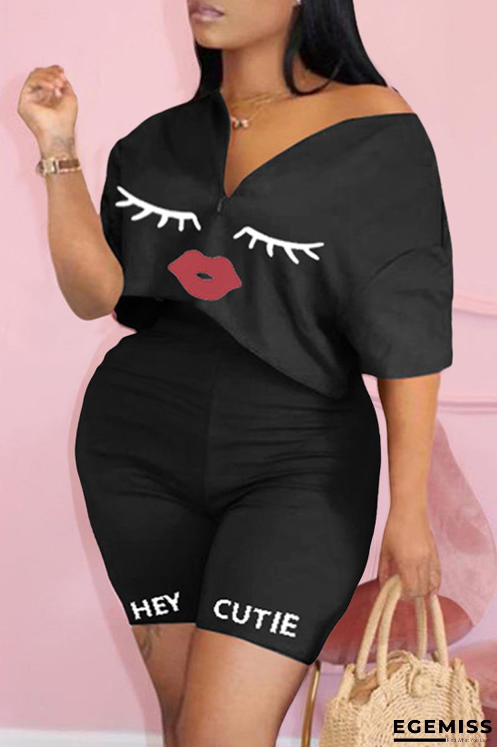 Black Fashion Casual Print Basic V Neck Plus Size Two Pieces | EGEMISS