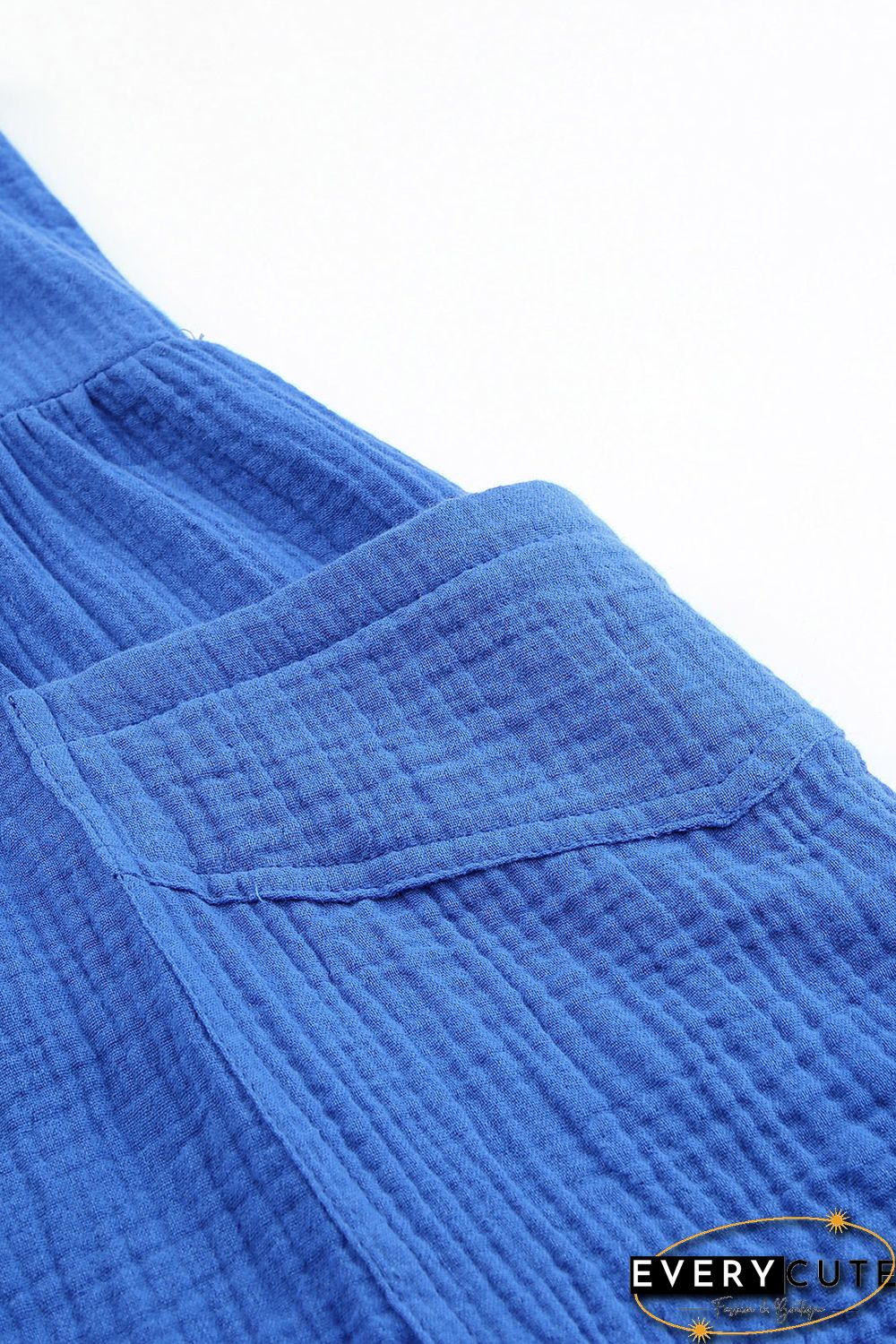 Blue Textured Knotted Straps High Waist Wide Leg Romper