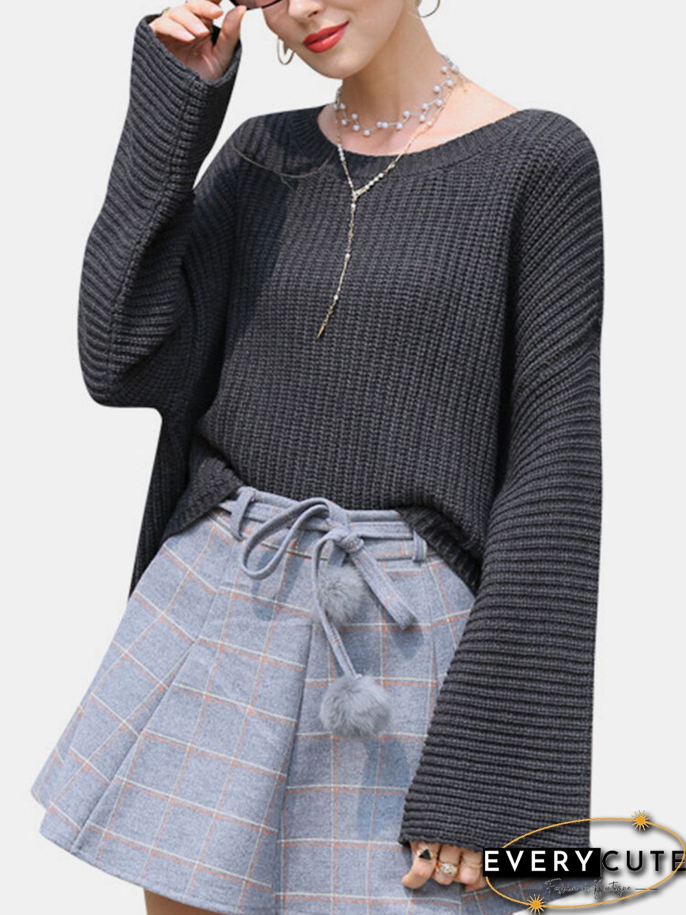 Solid Color O-neck Flare Sleeves Casual Sweater