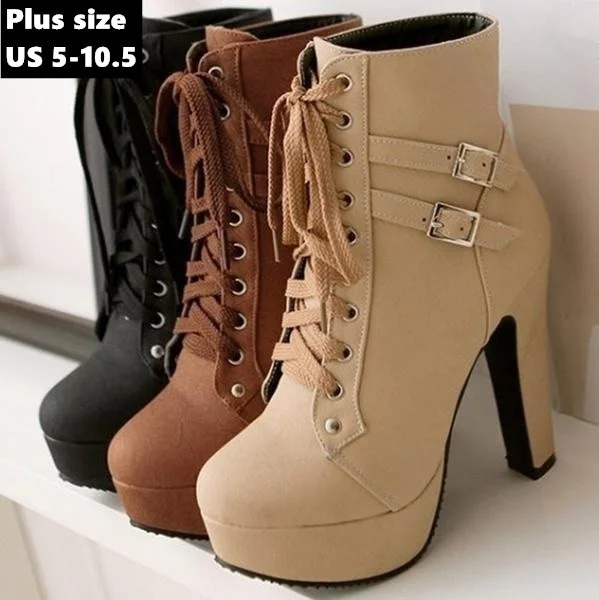 PU Leather Women Thick High Heel Short Boots Size 35-42