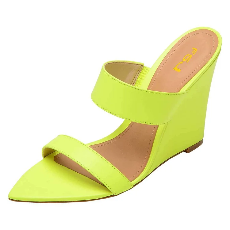 Neon Yellow Pointed Toe Wedge Heels Mules Sandals |FSJ Shoes