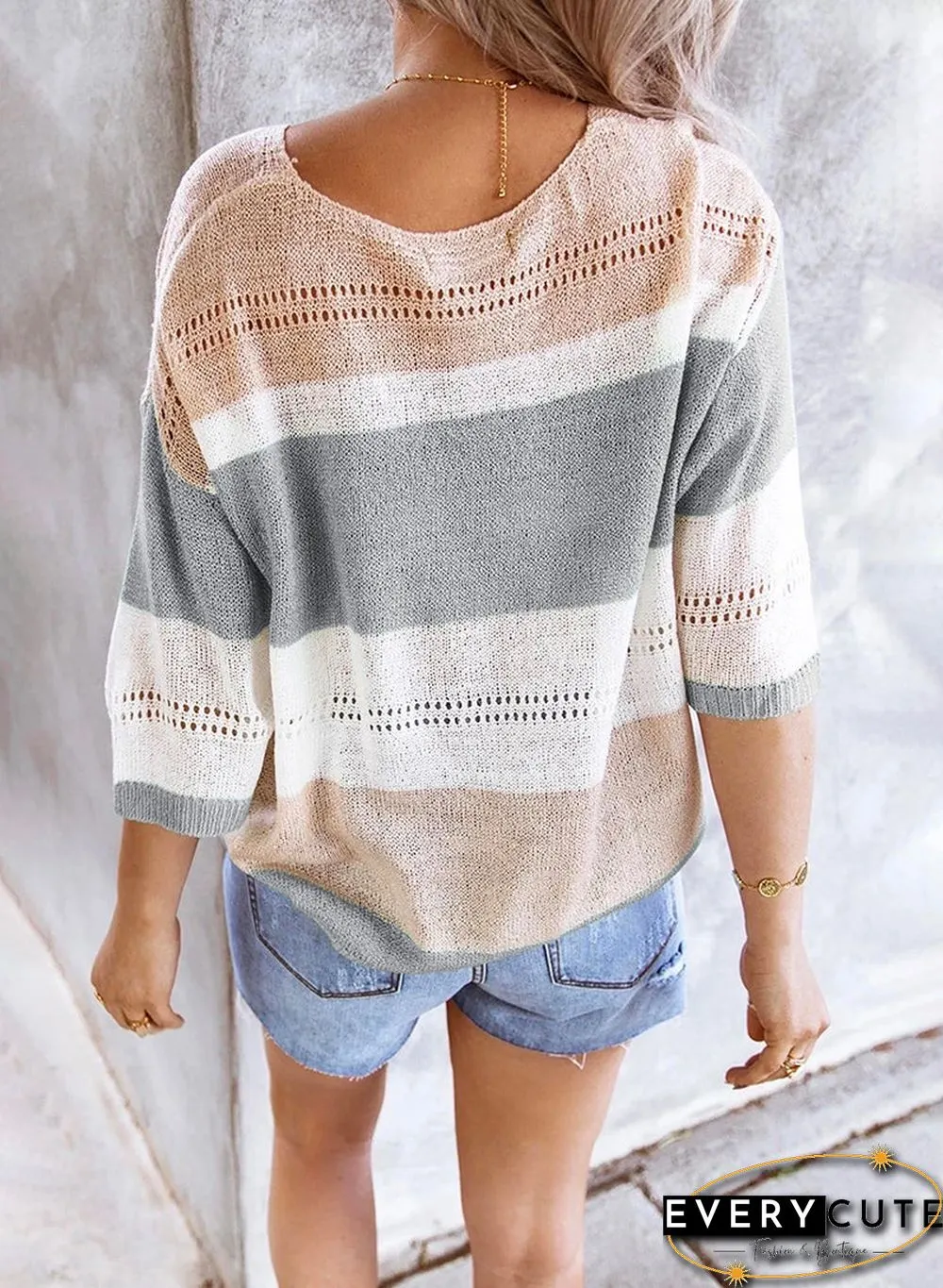 V Neck 3/4 Sleeve Knit T-Shirt Tops