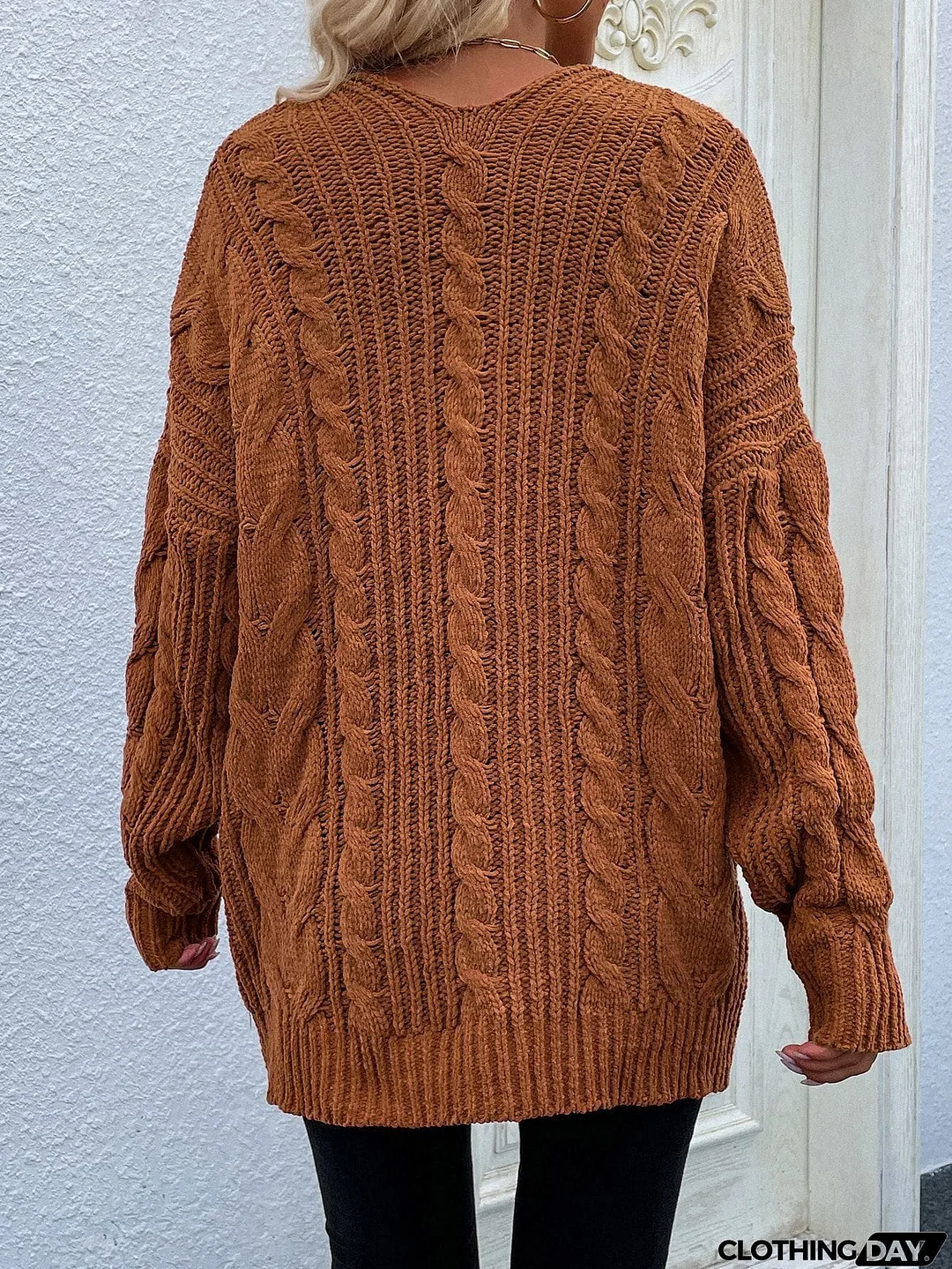 Woven Right Cable-Knit Open Front Cardigan with Front Pockets