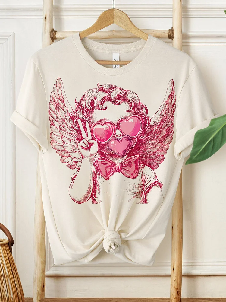 100% Cotton Women's Retro Cupid Valentines Day Blowing Bubble Print Casual T-Shirt