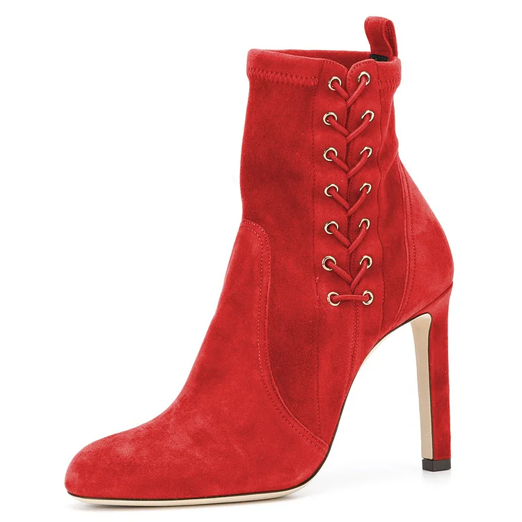 Red Lace Up Chunky Heel Almond Toe Ankle Boots |FSJ Shoes