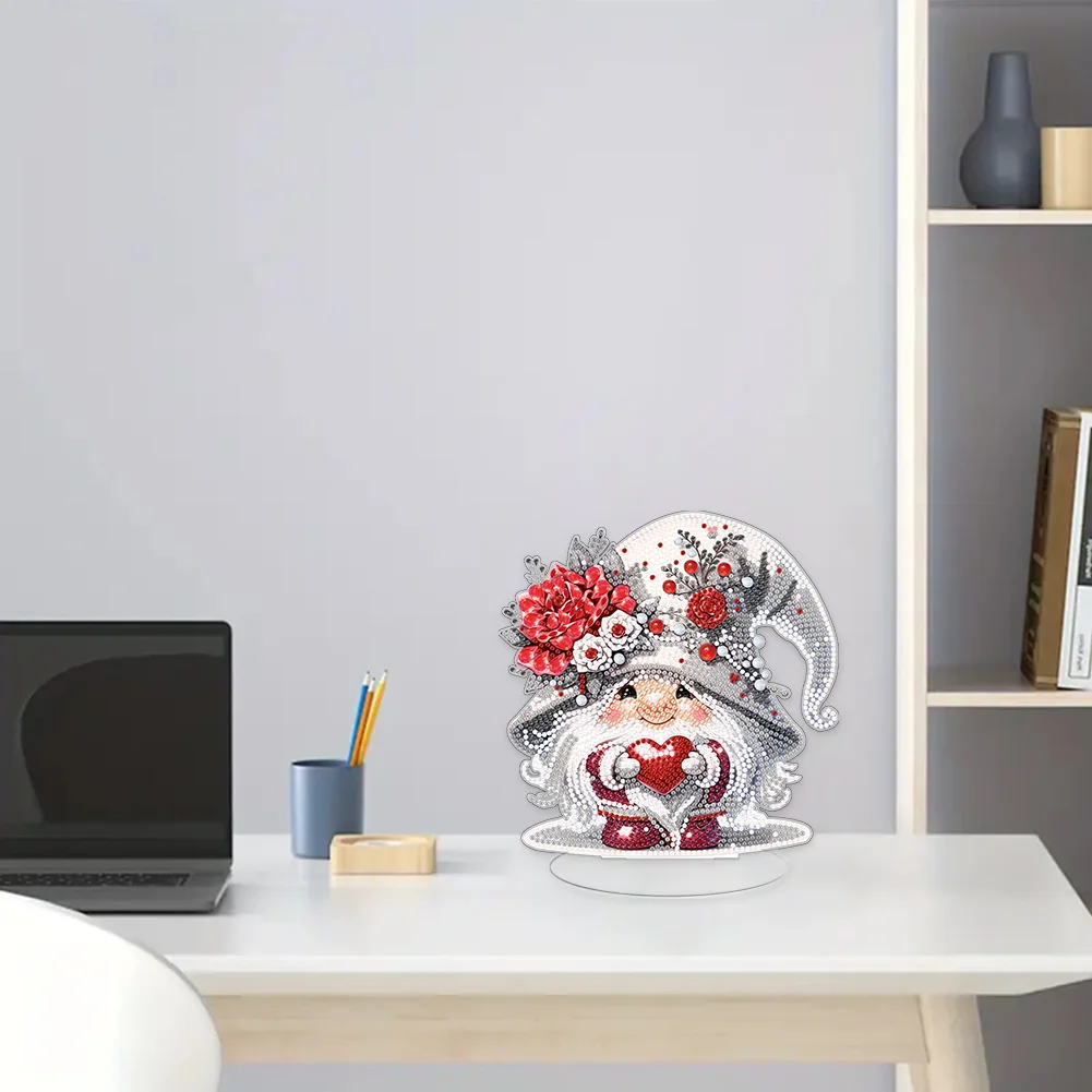 DIY Love Rose Gnome Single-Sided Acrylic Diamond Painting Tabletop Ornament for Home Office Desktop Decor