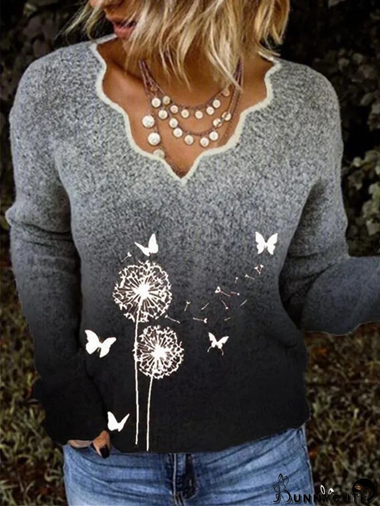 Women Long Sleeve V-neck Floral Printed Sweater Top