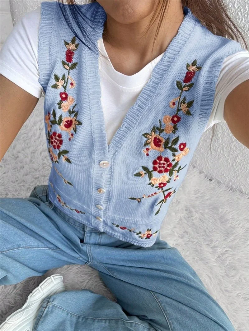 Athvotar Athvotar Fashion New Casual Embroidery Embroidery Knitted Sweater Women's Vest