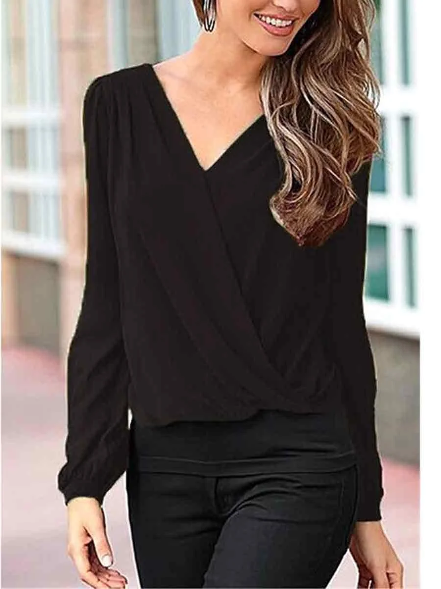 Cross V-Neck Lace Back Long Sleeves Blouse