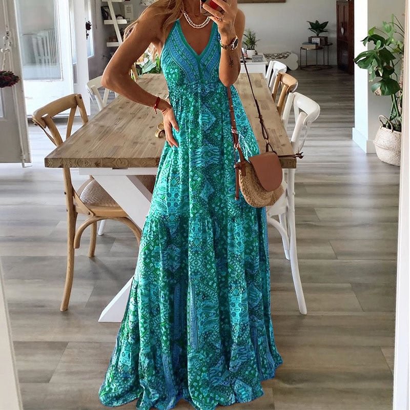 wsevypo Vintage Paisley Print Suspender Beach Dress Summer Boho Women Ladies Spaghetti Straps Maxi Ruffles Sundress Backless