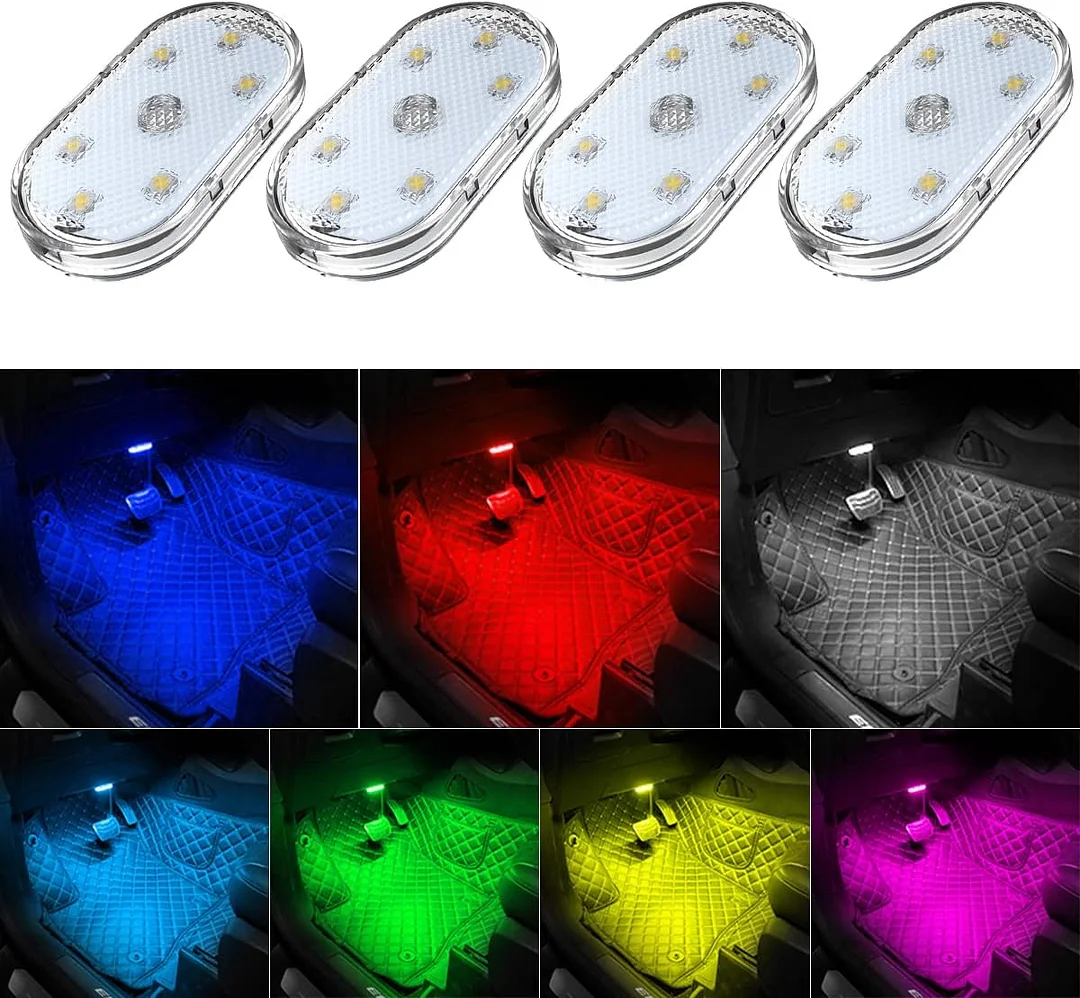  Car LED Lights Interior Wireless, 7 Colors Interior Car Lights with 6 Bright LED Lamp Beads, Portable USB Rechargeable Car Interior Led Night Light for Car Decor