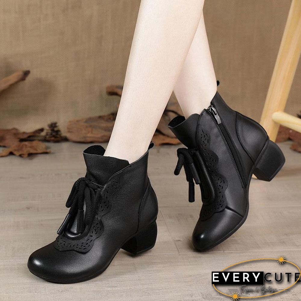 Black zippered Cowhide Leather Boots Lace Up Boots