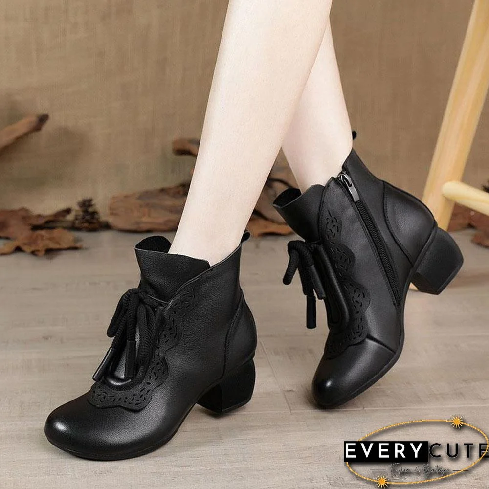 Black zippered Cowhide Leather Boots Lace Up Boots