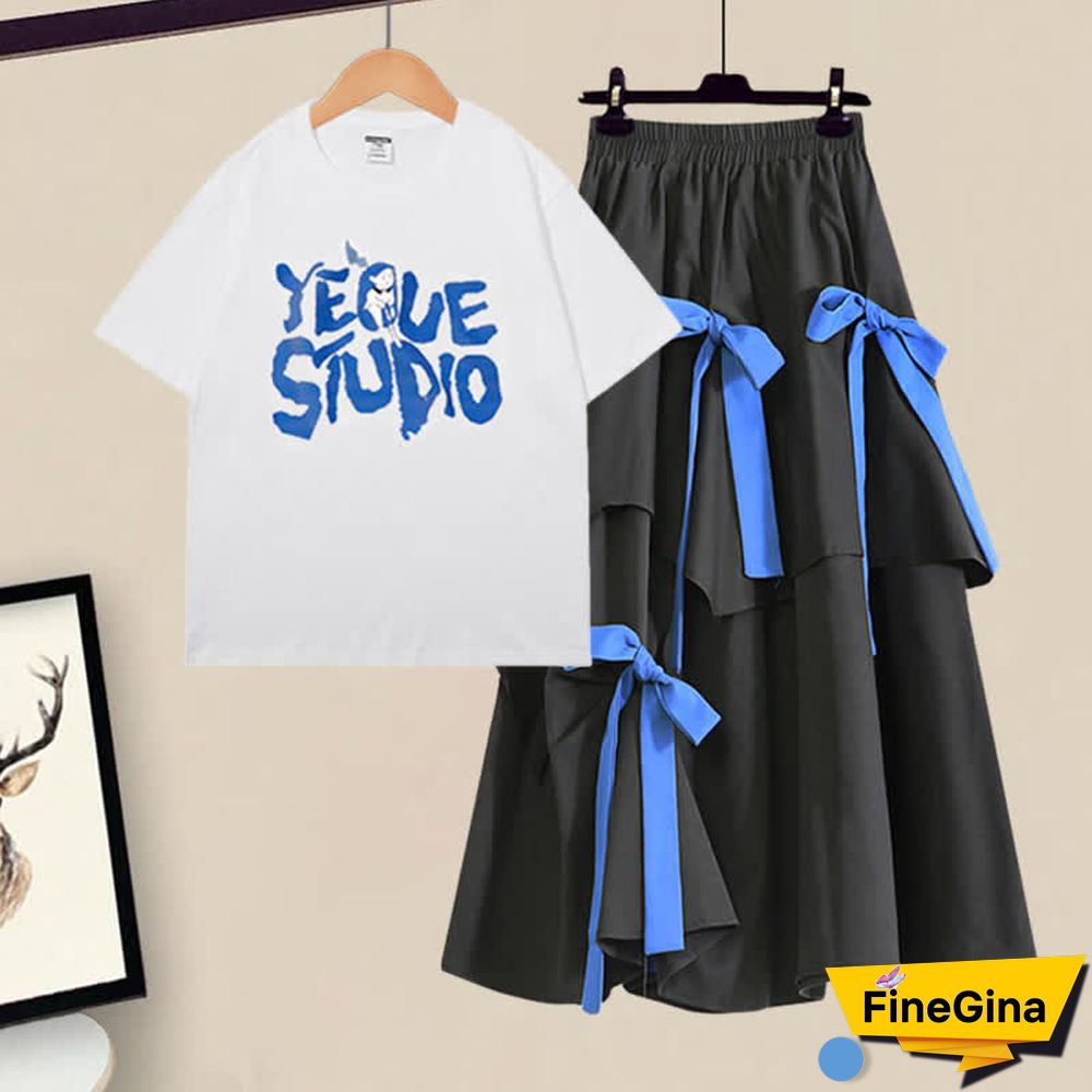 Letter Print T-Shirt Irregular Bow Decor SKirt Two Pieces Set