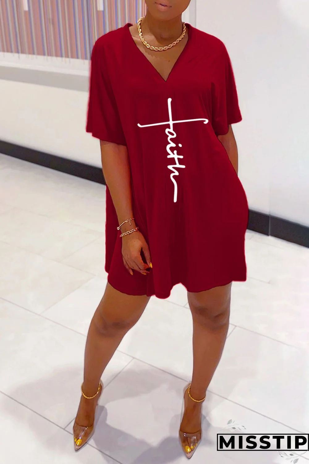 Burgundy Casual Print Patchwork V Neck Short Sleeve Two Pieces