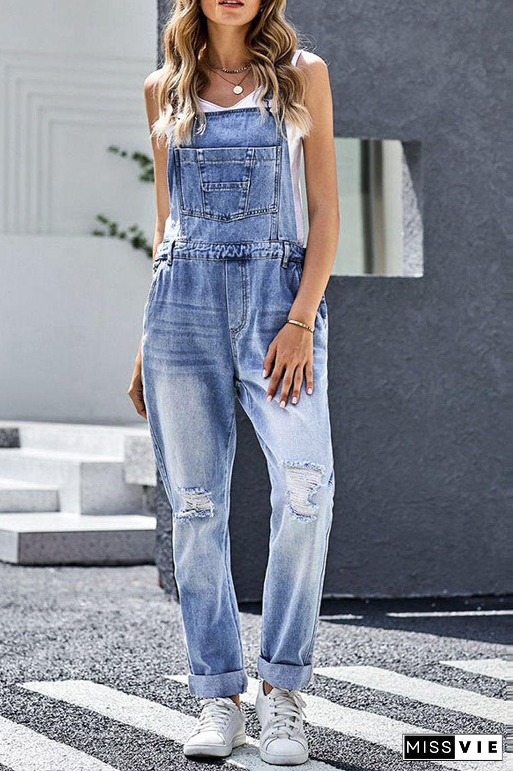 Denim Hole Distressed Casual Overall