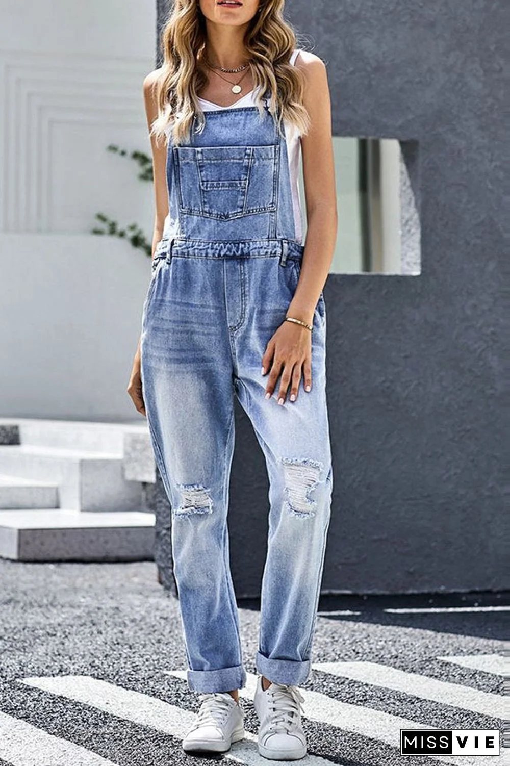Denim Hole Distressed Casual Overall