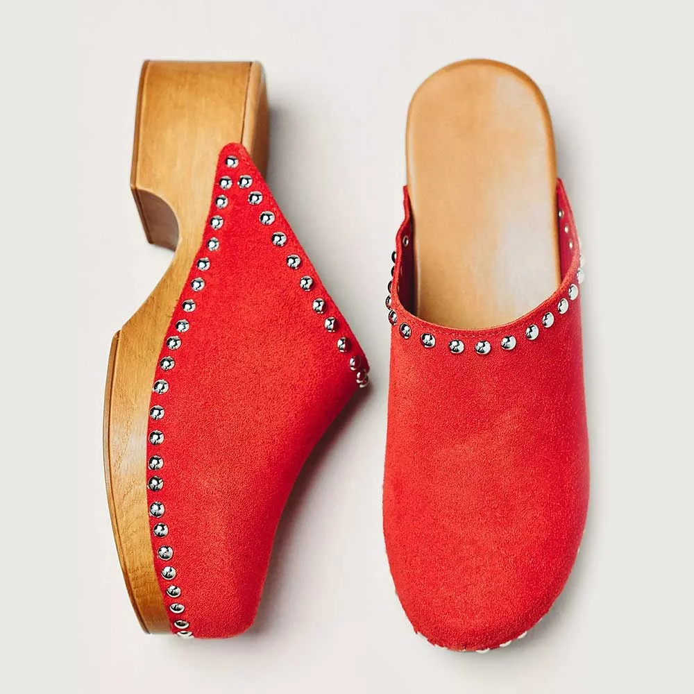 Red Chunky Heel Slip On Platform Studded Mule Shoes for Women