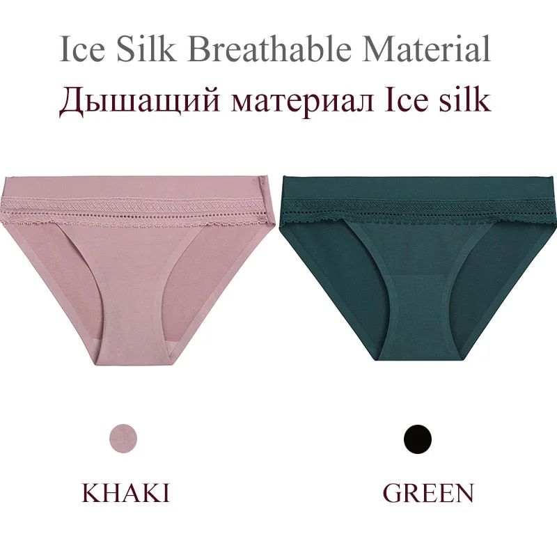 FINETOO 2PCS/Set Woman Lace Sexy Panties Ice Silk Women Underwear Seamless Low-Rise Lingerie Female Breathable Girls Panty 2021