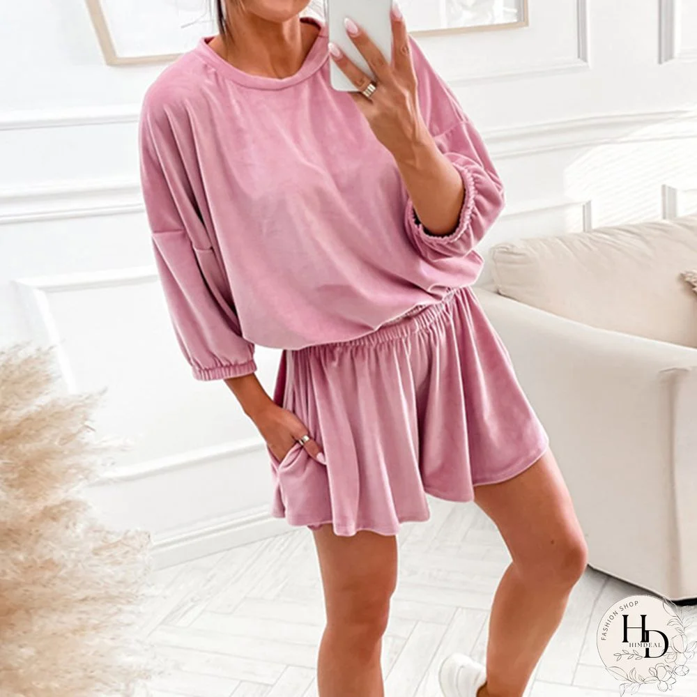 Summer Women Fashion O Neck 3/4 Sleeve Pullover Tops And Elastic Waist Pocket Shorts Suit Casual Solid Color Loose 2 Piece Sets