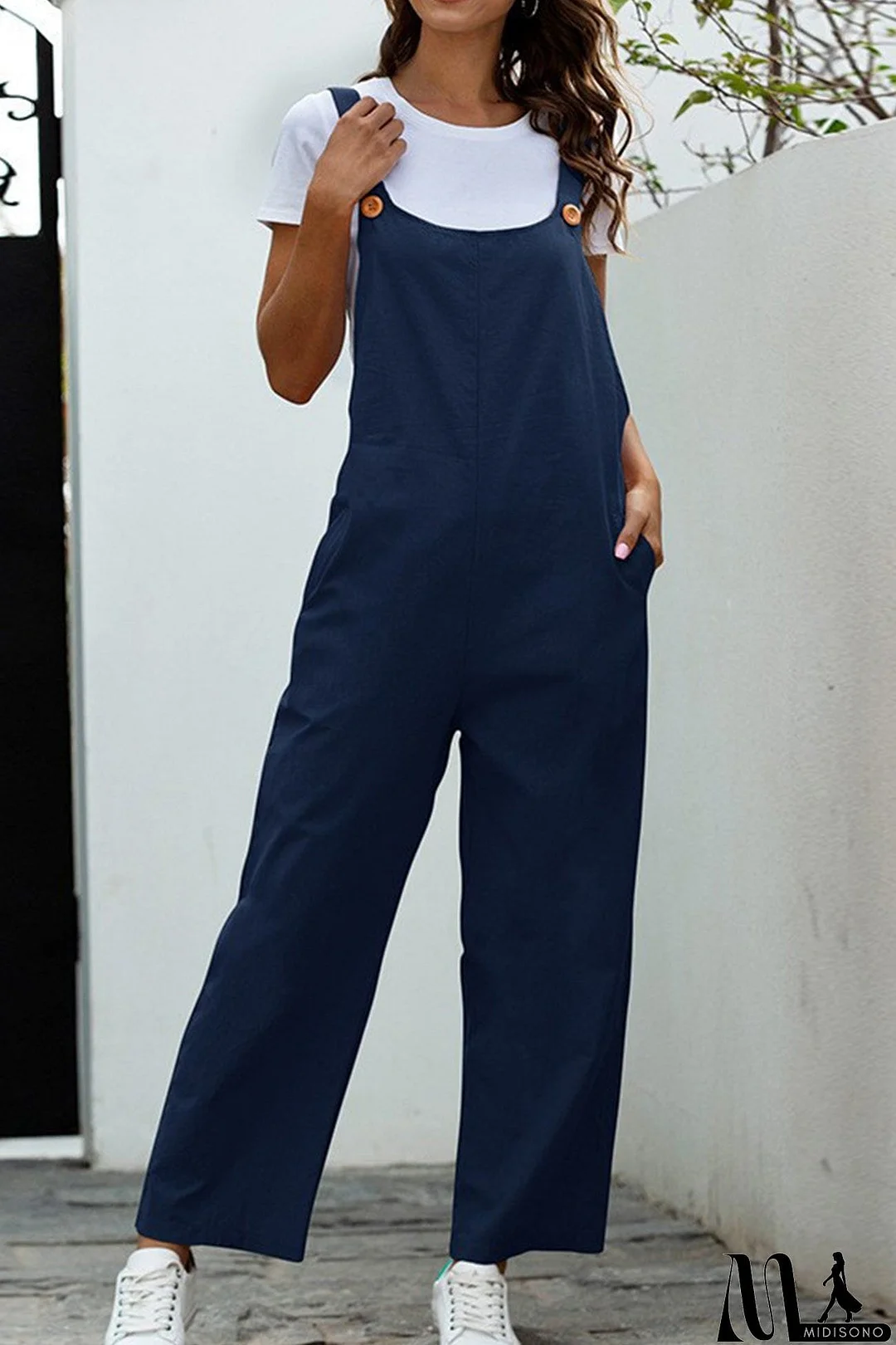 MidiSono - Solid Color Sleeveless Long Pants Jumpsuits