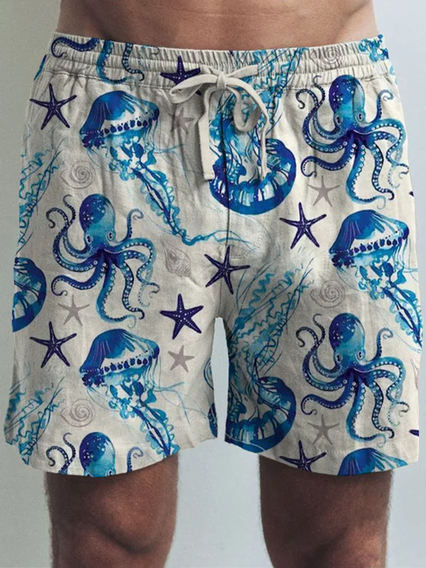 Men's Jellyfish Octopus Starfish Ocean Watercolor Art Print Casual Shorts