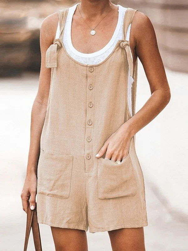 Women Casual Solid Color Short Jumpsuit With Pockets