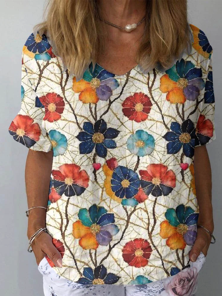 Womens Floral Pattern  Print Cotton And Linen Top
