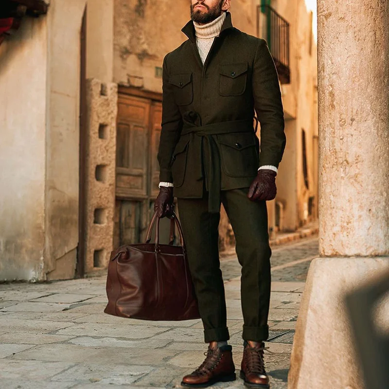 Men's solid color slim woolen coat