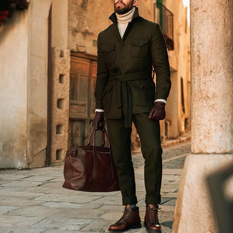 Men's solid color slim woolen coat