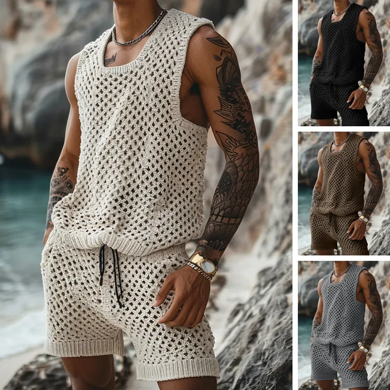 Men's Leisure Turn-down Collar Fitted Stripe knitting Tank Tops And Shorts Sets