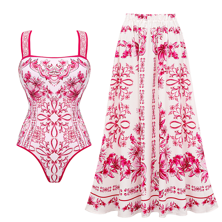 Sling Lily and Majolica Series Pattern Print One Piece Swimsuit and Skirt or Pants