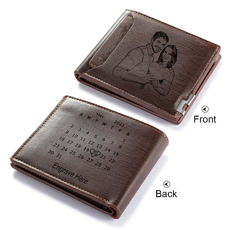 Custom Photo Wallet With Calender and Text Engraved on the Back - Gift for Him