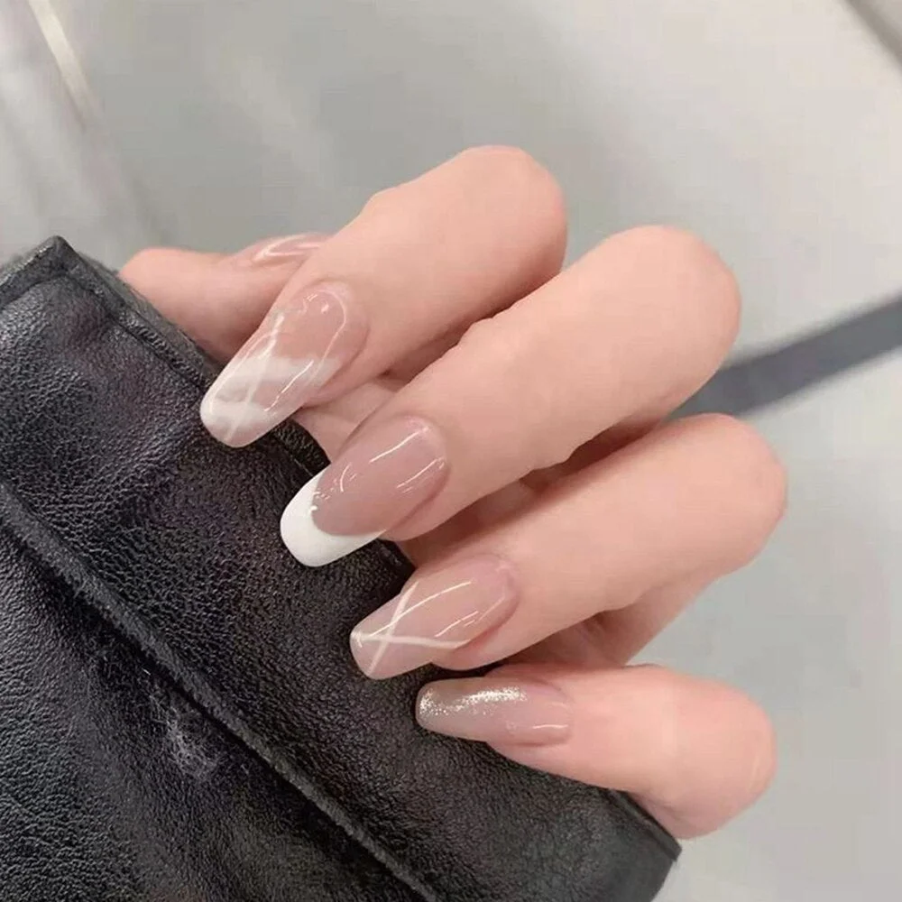 24Pcs/Box Detachable Almond Pink And White False Nails Wavy Style Stiletto Fake Nails Ballerina Coffin Full Cover Manicure Tool 406-Nail Inspo