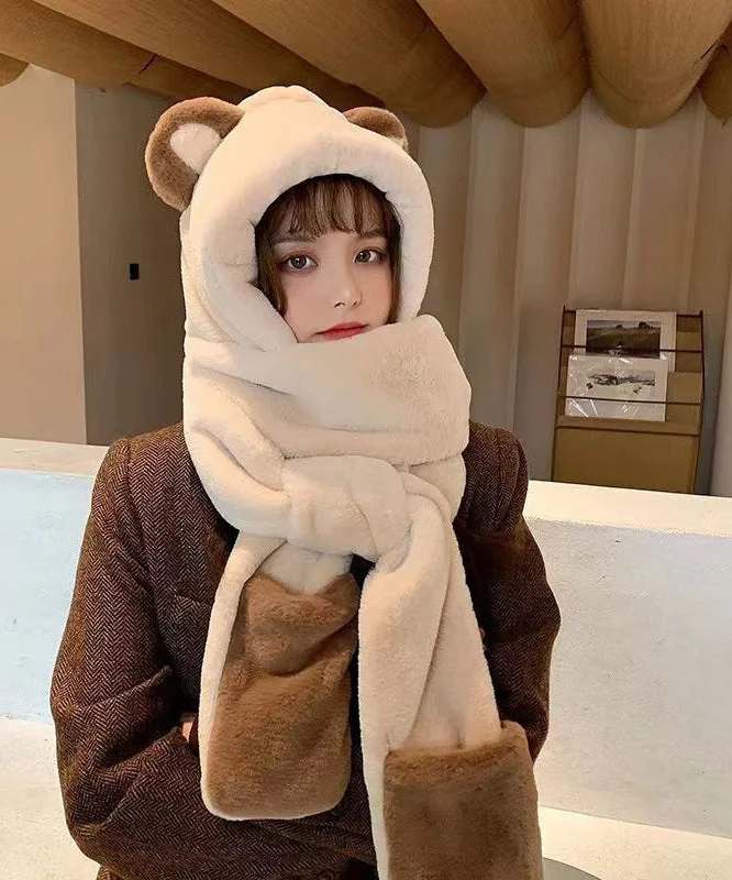 Cute Winter New Teddy Warm Hat Scarf And Glove Lntegrated
