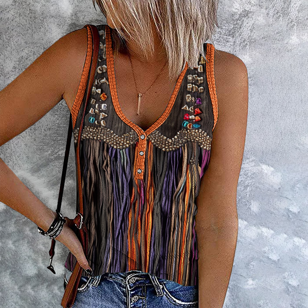  Western Tassels Color Block Button Up Casual Tank Top Westsshops