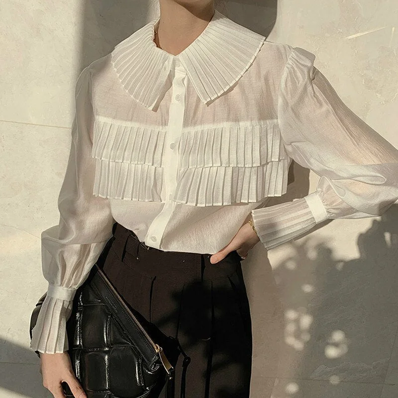 Korean Style Elegant Pleated Shirts Spring Turn Down Collar Blouse Women Solid Single Breasted Lantern Sleeve Tops Blusas 13337