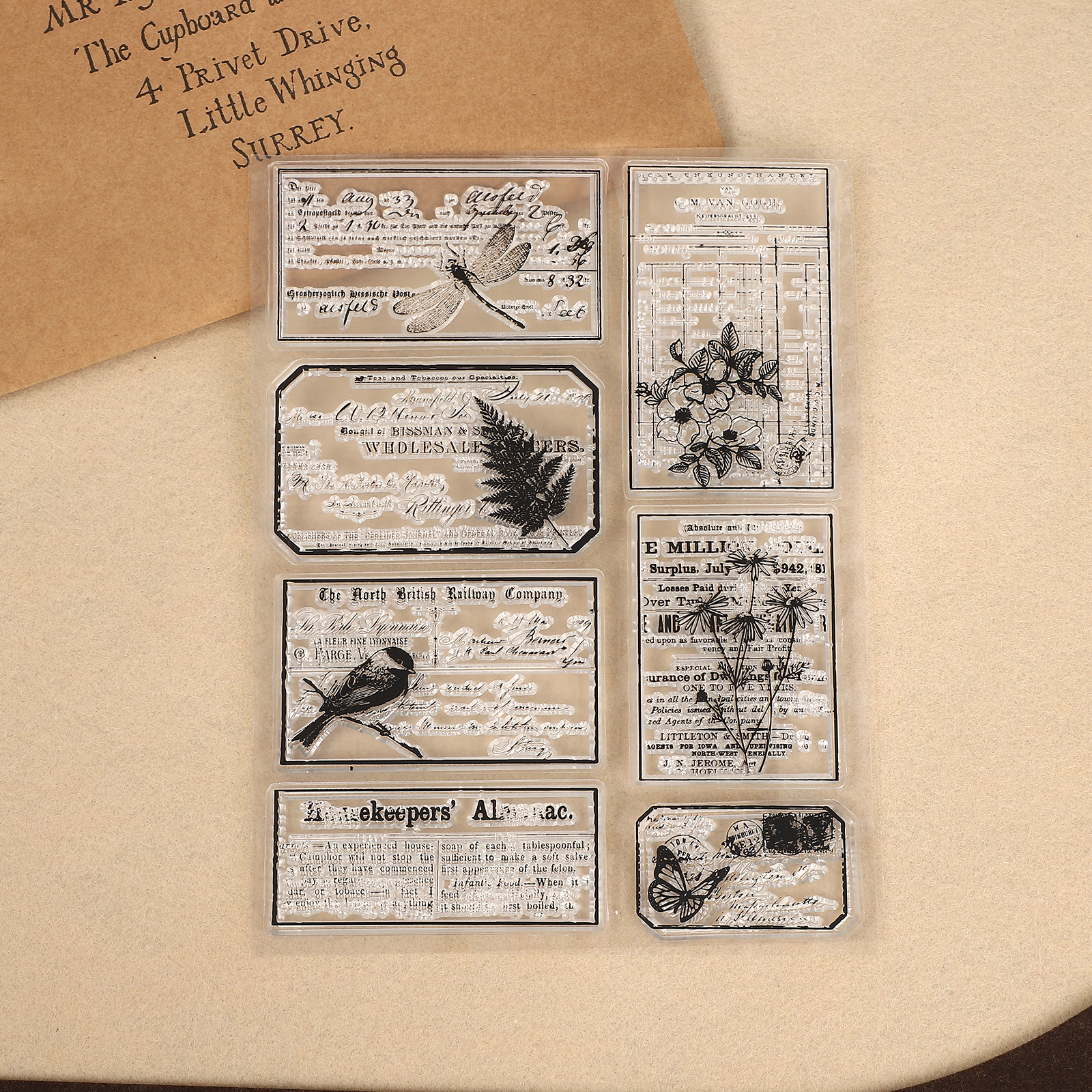 실리콘 스탬프 - 빈티지 식물 꽃 나비 라벨 투명