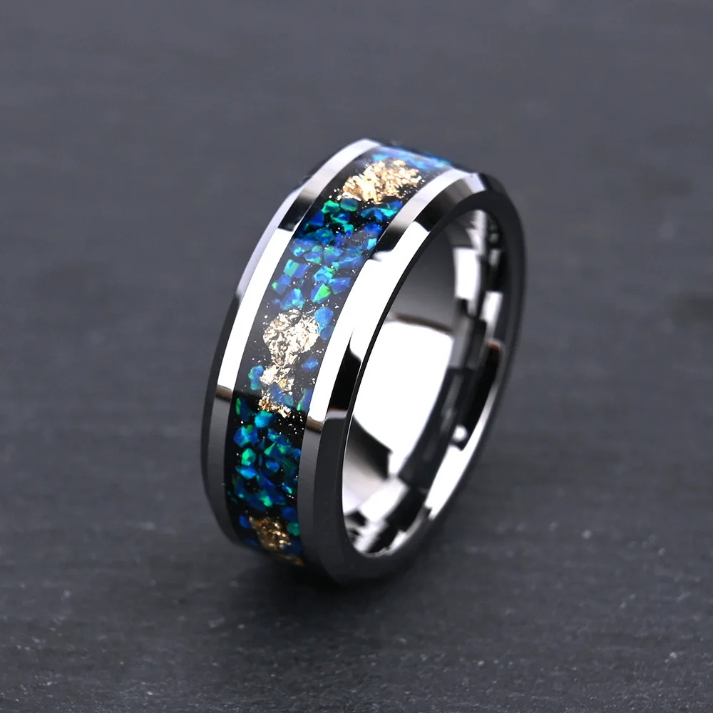 8MM Mens Women Flat Beveled Tungsten Rings Blue Opal and Gold Foil Wedding Bands