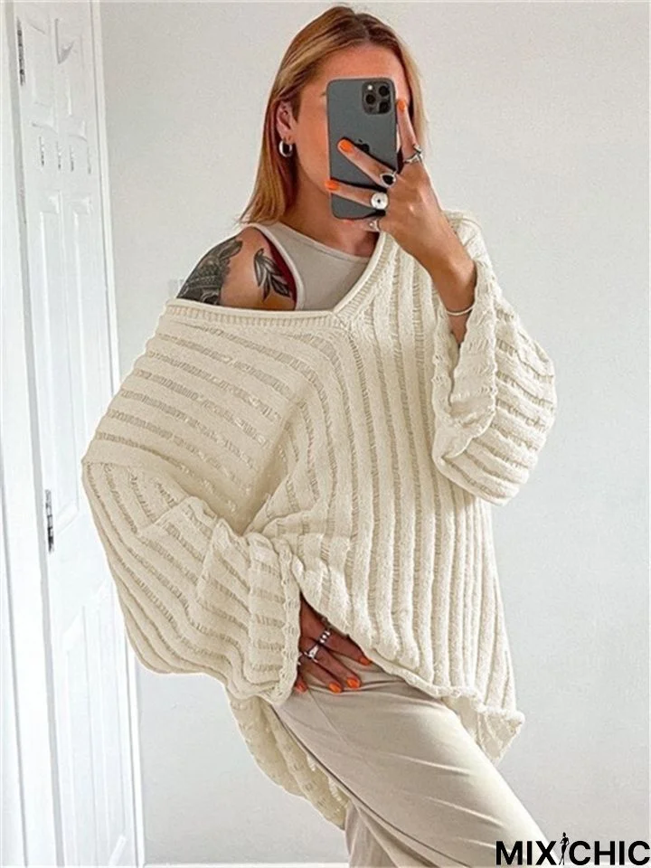 V-Neck Loose Fashion Casual Solid Color Sweater