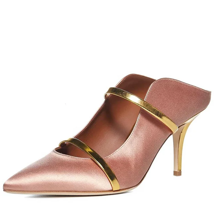 Blush Pink Satin Pointed Toe Mule Heels with Gold Metallic Straps |FSJ Shoes