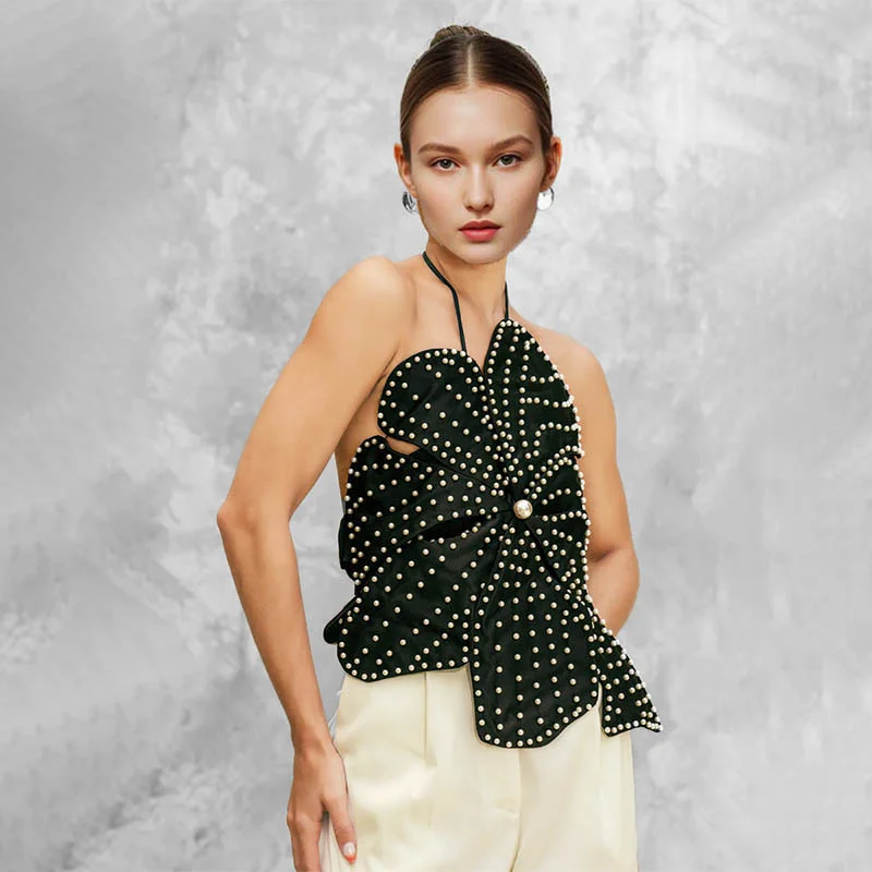 Brownm Sexy Blouse 2025 Spring New Fashion Hanging Neck Nail Beads Flowers Brae With Small Vest Woman