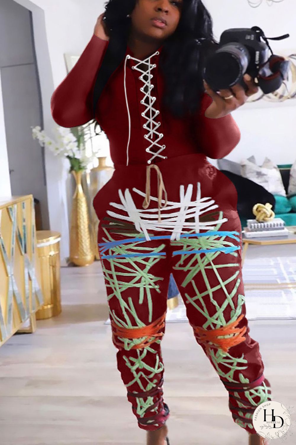 Wine Red Sexy Print Bandage O Neck Long Sleeve Regular Sleeve Regular Two Pieces